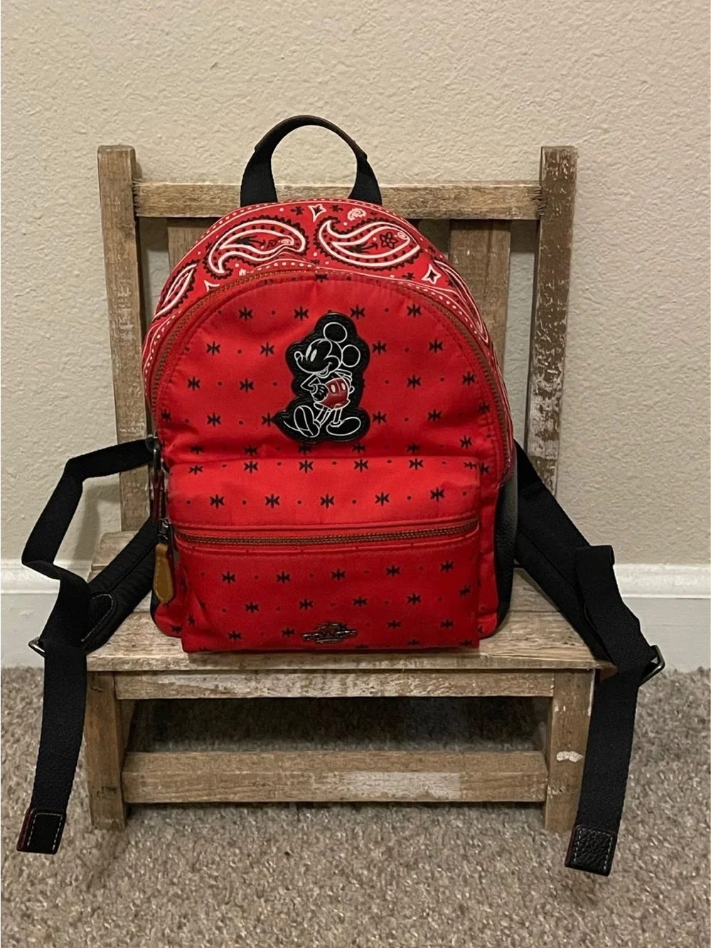 Disney x Coach Red Bandana Print Mickey Mouse Mini Charlie Backpack